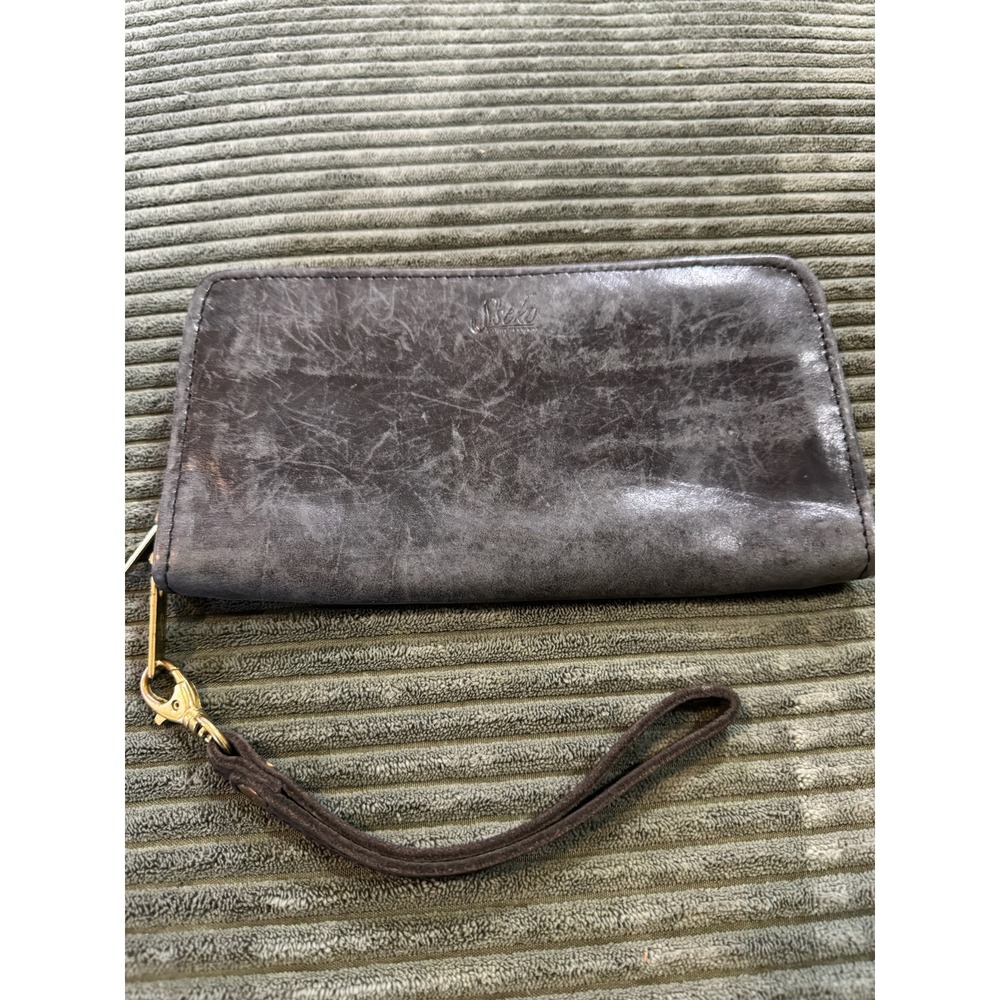 Sseko Gray‎ Distressed Leather Wristlet Clutch Wallet Zip Around Strap